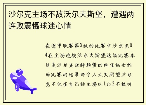 沙尔克主场不敌沃尔夫斯堡，遭遇两连败震慑球迷心情